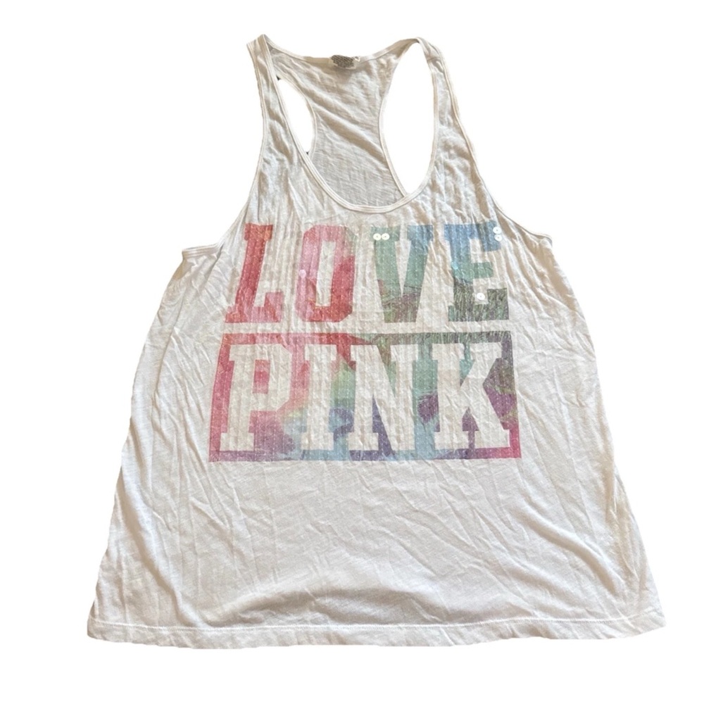 Rare Pink Victorias Secret Bling Sequin Tank Top Womens Medium White Racerback